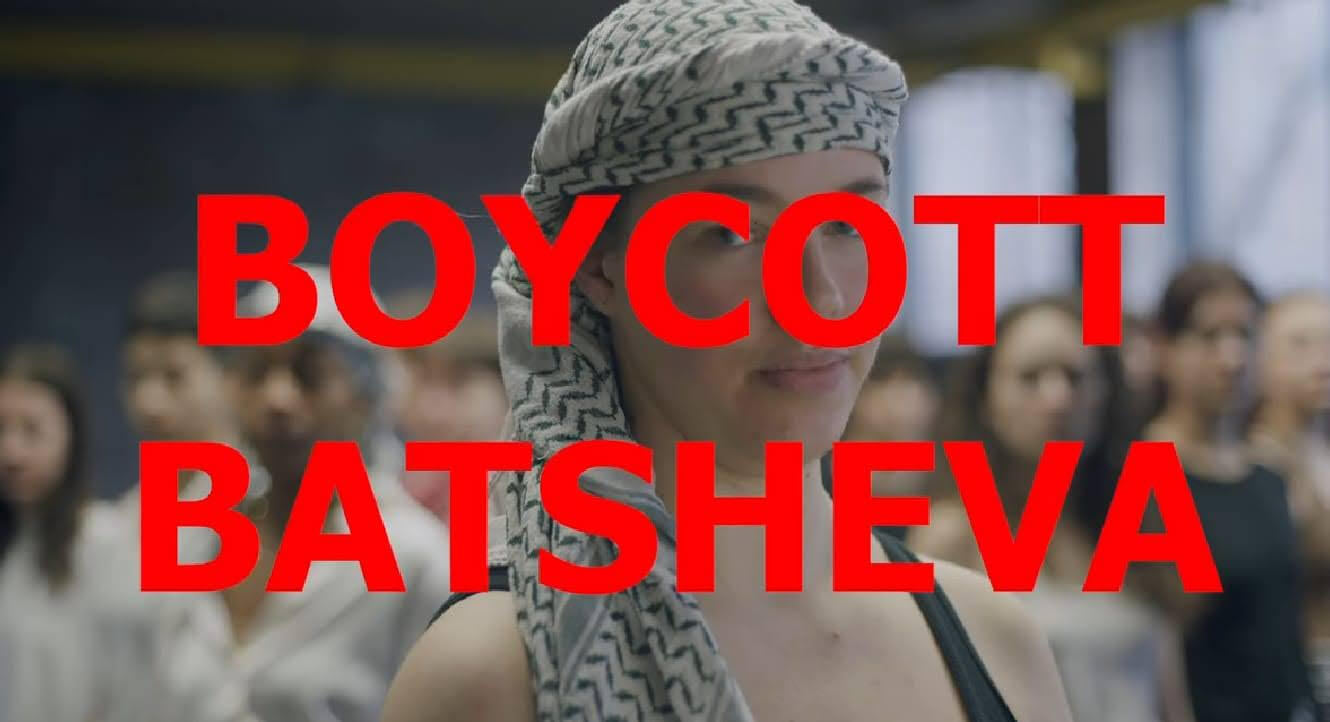 A screenshot of Miss Brents facing the camera wearing a kufiya. Read text reads "Boycott Batsheva."
